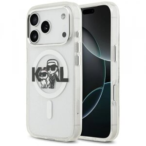 Husa MagSafe pentru Apple iPhone 17 Pro, Karl Lagerfeld, IML Sketch Logo Glitter Karl &amp; Choupette , Transparenta
