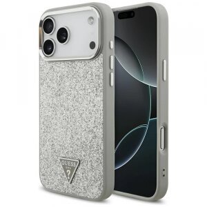 Husa MagSafe pentru Apple iPhone 17 Pro Max, Guess, Glitter Triangle Logo, Argintie