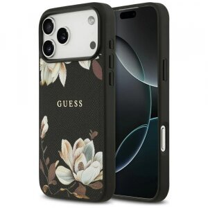 Husa MagSafe pentru Apple iPhone 17 Pro Max, Guess, Grained Flowers, Neagra
