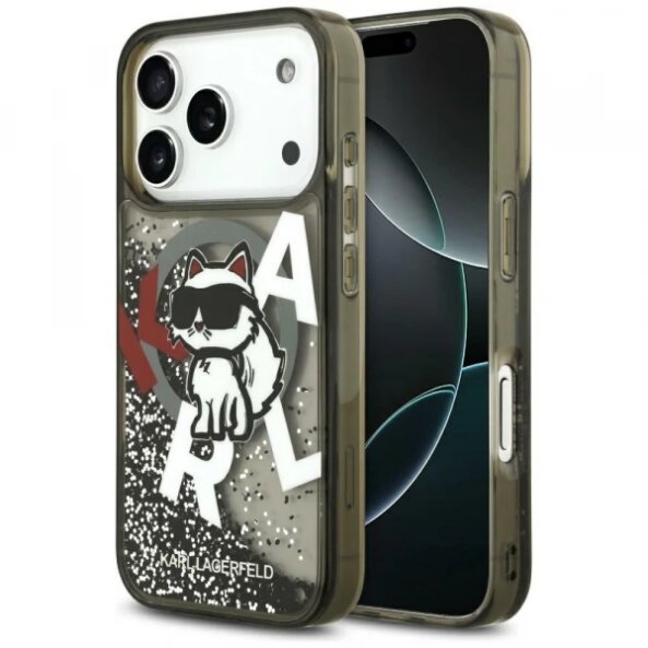 Husa MagSafe pentru Apple iPhone 17 Pro Max, Karl Lagerfeld, Liquid Glitter Logo Choupette, Neagra