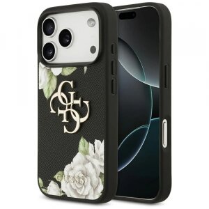 Husa pentru Apple iPhone 17 Pro, Guess, 4G Grained Roses Big Logo, Neagra