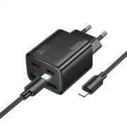 Incarcator Retea Cu Cablu Lightning HOCO N55, 20W, 3A, 2 x USB-A - 2 x USB-C, Negru 