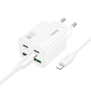 Incarcator Retea Cu Cablu Lightning HOCO N56, 30W, 3A, 2 x USB-A - 2 x USB-C, Alb 