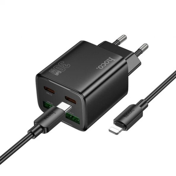 Incarcator Retea Cu Cablu Lightning HOCO N56, 30W, 3A, 2 x USB-A - 2 x USB-C, Negru 