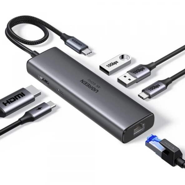 Hub USB-C UGREEN CM512 (45000), 2 x USB-A 3.2 - 2 x USB-C - 1 X HDMI - 1 x RJ45, Gri 
