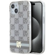 Husa MagSafe pentru Apple iPhone 15, DKNY, Checkered Mono Pattern &amp; Printed Stripes, Bej