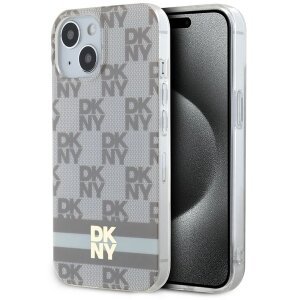 Husa MagSafe pentru Apple iPhone 15, DKNY, Checkered Mono Pattern &amp; Printed Stripes, Bej