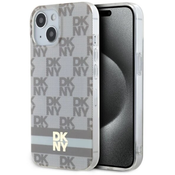Husa MagSafe pentru Apple iPhone 15, DKNY, Checkered Mono Pattern &amp; Printed Stripes, Bej