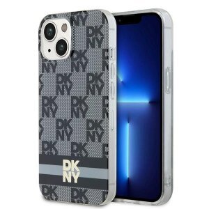 Husa MagSafe pentru Apple iPhone 15, DKNY, Checkered Mono Pattern &amp; Printed Stripes, Neagra