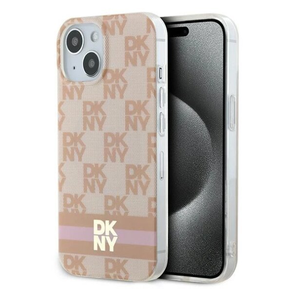 Husa MagSafe pentru Apple iPhone 15, DKNY, Checkered Mono Pattern &amp; Printed Stripes, Roz