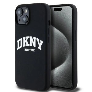 Husa MagSafe pentru Apple iPhone 15, DKNY, Liquid Silicone White Printed Logo, Neagra