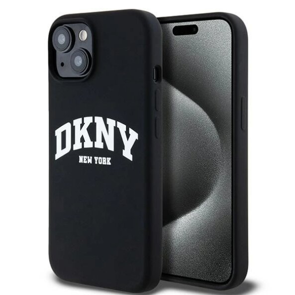 Husa MagSafe pentru Apple iPhone 15, DKNY, Liquid Silicone White Printed Logo, Neagra