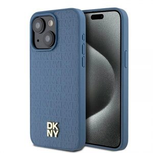Husa MagSafe pentru Apple iPhone 15, DKNY, Pattern Metal Logo, Albastra