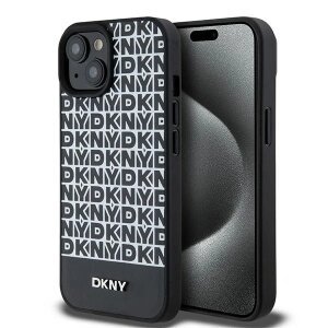 Husa MagSafe pentru Apple iPhone 15, DKNY, Printed Pattern Metal Logo, Neagra