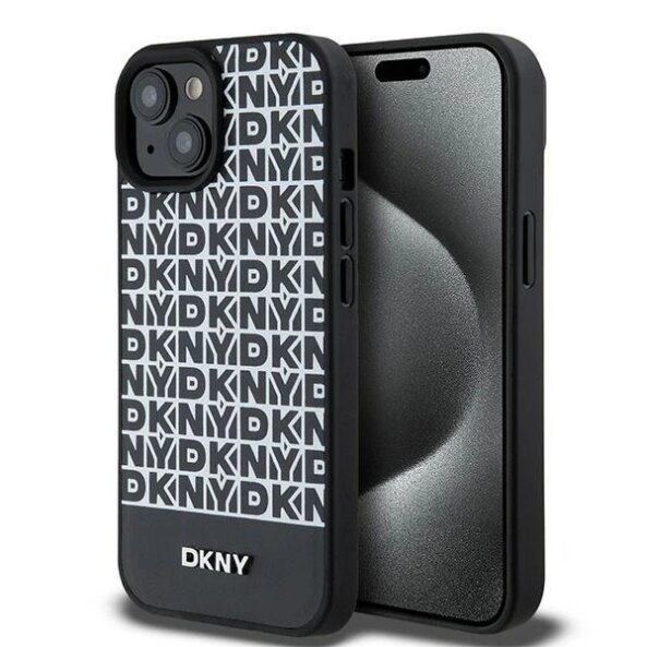 Husa MagSafe pentru Apple iPhone 15, DKNY, Printed Pattern Metal Logo, Neagra