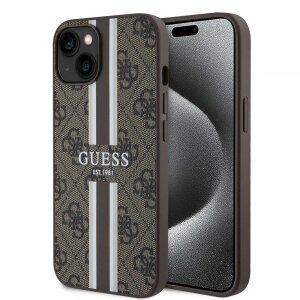 Husa MagSafe pentru Apple iPhone 15, Guess, 4G Printed Stripes, Maro