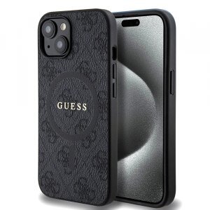 Husa MagSafe pentru Apple iPhone 15, Guess, 4G Ring Classic Logo, Neagra