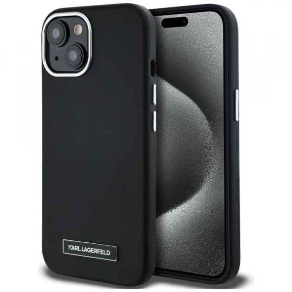 Husa MagSafe pentru Apple iPhone 15, Karl Lagerfeld, FW Metal Plate, Neagra