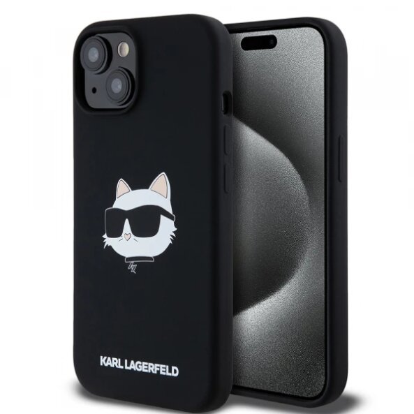 Husa MagSafe pentru Apple iPhone 15, Karl Lagerfeld, Silicone Choupette's Head, Neagra