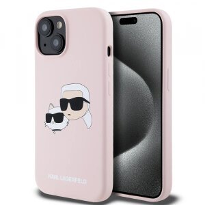 Husa MagSafe pentru Apple iPhone 15, Karl Lagerfeld, Silicone Karl &amp; Choupette's Heads, Roz