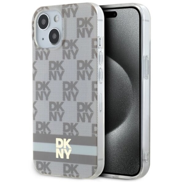 Husa MagSafe pentru Apple iPhone 15 Plus, DKNY, Checkered Mono Pattern &amp; Printed Stripes, Bej