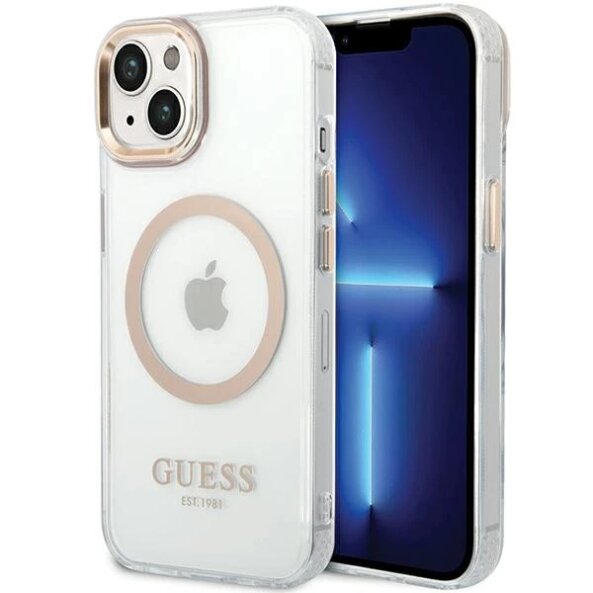 Husa MagSafe pentru Apple iPhone 15 Plus, Guess, Metal Outline, Aurie