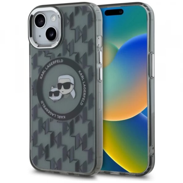 Husa MagSafe pentru Apple iPhone 15 Plus, Karl Lagerfeld, IML Monogram Karl &amp; Choupette's Heads, Neagra