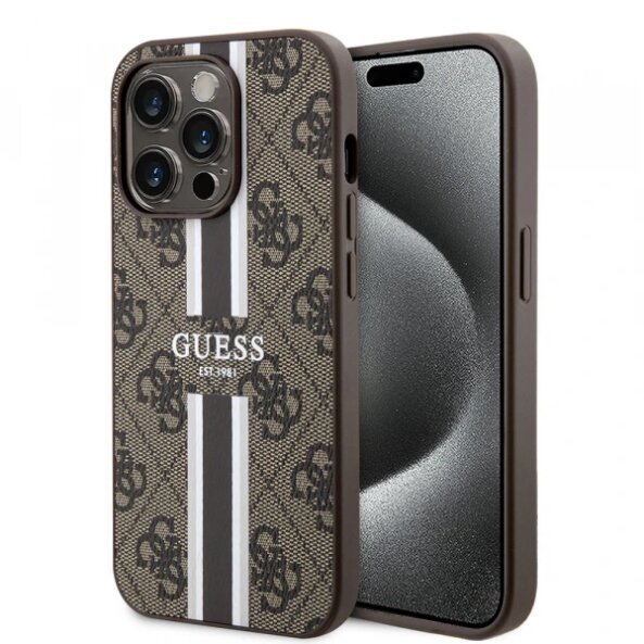 Husa MagSafe pentru Apple iPhone 15 Pro, Guess, 4G Printed Stripes, Maro