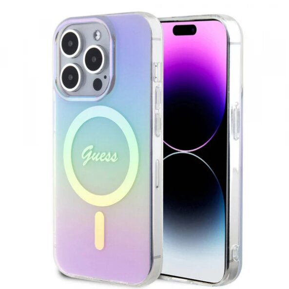 Husa MagSafe pentru Apple iPhone 15 Pro, Guess, IML Iridescent, Mov