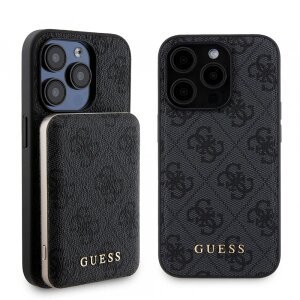 Husa MagSafe pentru Apple iPhone 15 Pro, Guess, Powerbank 4G Metal Logo, Neagra