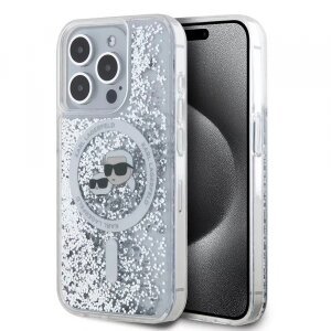Husa MagSafe pentru Apple iPhone 15 Pro, Karl Lagerfeld, Liquid Glitter Karl &amp; Choupette's Heads, Transparenta