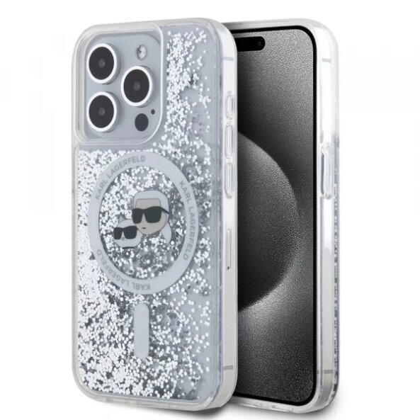 Husa MagSafe pentru Apple iPhone 15 Pro, Karl Lagerfeld, Liquid Glitter Karl &amp; Choupette's Heads, Transparenta
