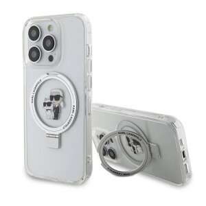 Husa MagSafe pentru Apple iPhone 15 Pro, Karl Lagerfeld, Ring Stand Karl &amp; Choupette, Alba