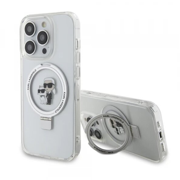 Husa MagSafe pentru Apple iPhone 15 Pro, Karl Lagerfeld, Ring Stand Karl &amp; Choupette, Alba