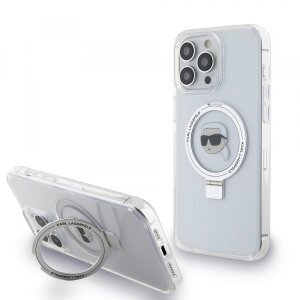 Husa MagSafe pentru Apple iPhone 15 Pro, Karl Lagerfeld, Ring Stand Karl's Head, Alba