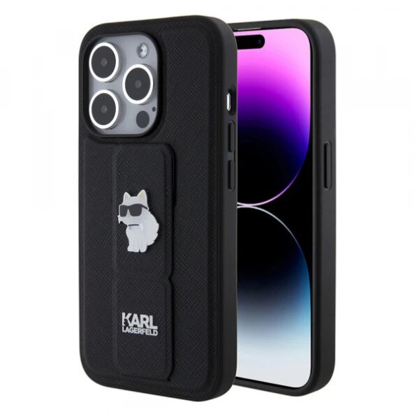 Husa MagSafe pentru Apple iPhone 15 Pro, Karl Lagerfeld, Saffiano Gripstand Choupette, Neagra