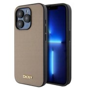 Husa MagSafe pentru Apple iPhone 15 Pro Max, DKNY, Grained Metal Logo, Bej