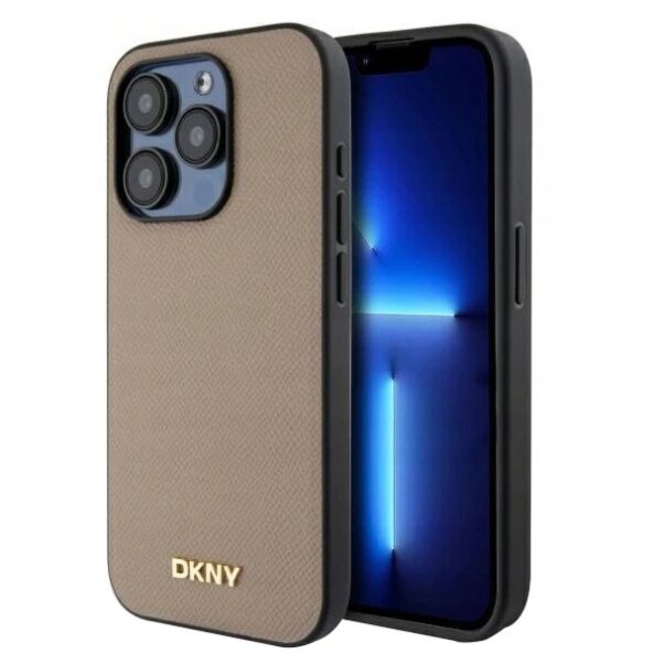 Husa MagSafe pentru Apple iPhone 15 Pro Max, DKNY, Grained Metal Logo, Bej