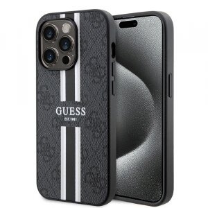 Husa MagSafe pentru Apple iPhone 15 Pro Max, Guess, 4G Printed Stripes, Neagra