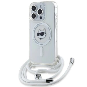 Husa MagSafe pentru Apple iPhone 15 Pro Max, Karl Lagerfeld, IML Crossbody Choupette's Head with Strap, Transparenta