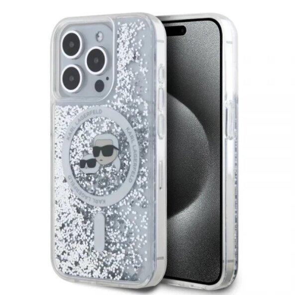 Husa MagSafe pentru Apple iPhone 15 Pro Max, Karl Lagerfeld, Liquid Glitter Karl &amp; Choupette's Heads, Transparenta