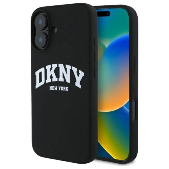 Husa MagSafe pentru Apple iPhone 16, DKNY, White Printed Logo, Neagra