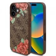 Husa MagSafe pentru Apple iPhone 16, Guess, 4G Flowers Print, Maro