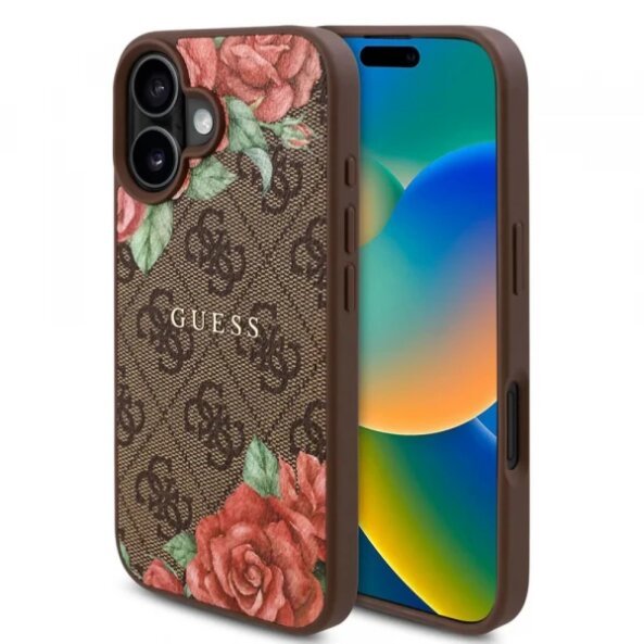 Husa MagSafe pentru Apple iPhone 16, Guess, 4G Flowers Print, Maro