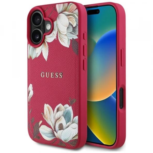 Husa MagSafe pentru Apple iPhone 16, Guess, Grained Flowers, Fucsia