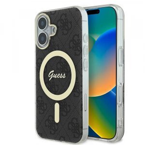 Husa MagSafe pentru Apple iPhone 16, Guess, IML 4G, Neagra