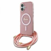 Husa MagSafe pentru Apple iPhone 16, Guess, IML Crossbody Cord Script, Roz