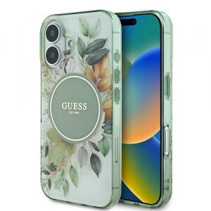 Husa MagSafe pentru Apple iPhone 16, Guess, IML Flower &amp; Tonal Circle, Verde