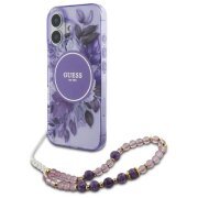 Husa MagSafe pentru Apple iPhone 16, Guess, IML Flowers with Pearl Strap, Mov