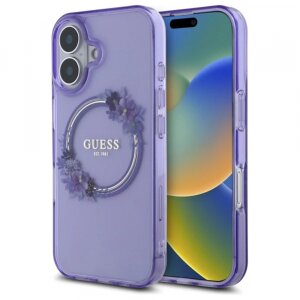 Husa MagSafe pentru Apple iPhone 16, Guess, IML Flowers Wreath, Mov